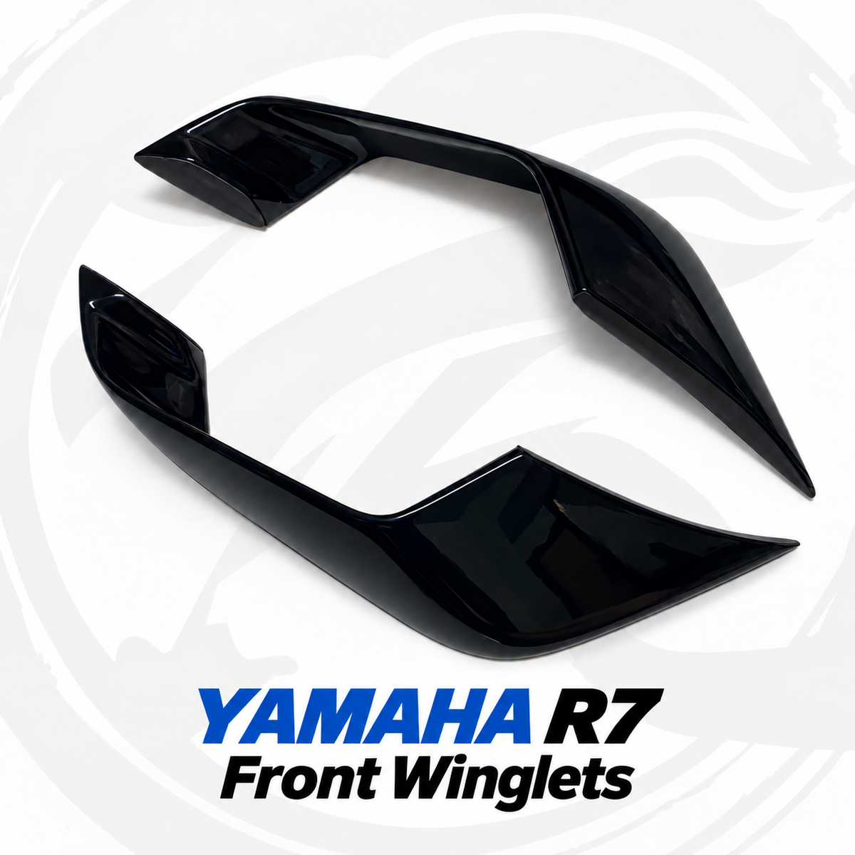 YAMAHA R7 Front Winglets, gloss black pair on FLOWMOTO branded background