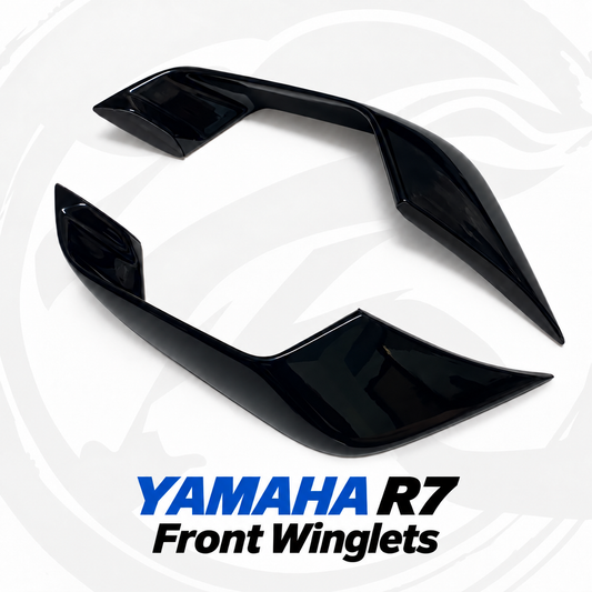 YAMAHA R7 Front Winglets, gloss black pair on FLOWMOTO branded background