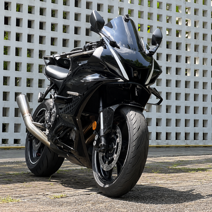 YZF-R7 front winglets installed on a black motorcycle, three-quarter angle; motorcycle not included