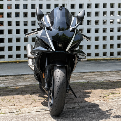 YZF-R7 front winglets installed on a black motorcycle, front view; motorcycle not included
