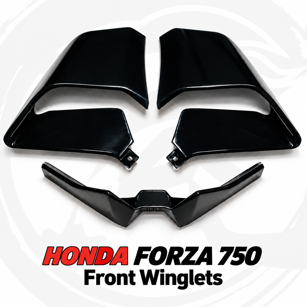 Black front winglet kit for Forza 750 2025–2026, standalone product on the signature pale gray FLOWMOTO background